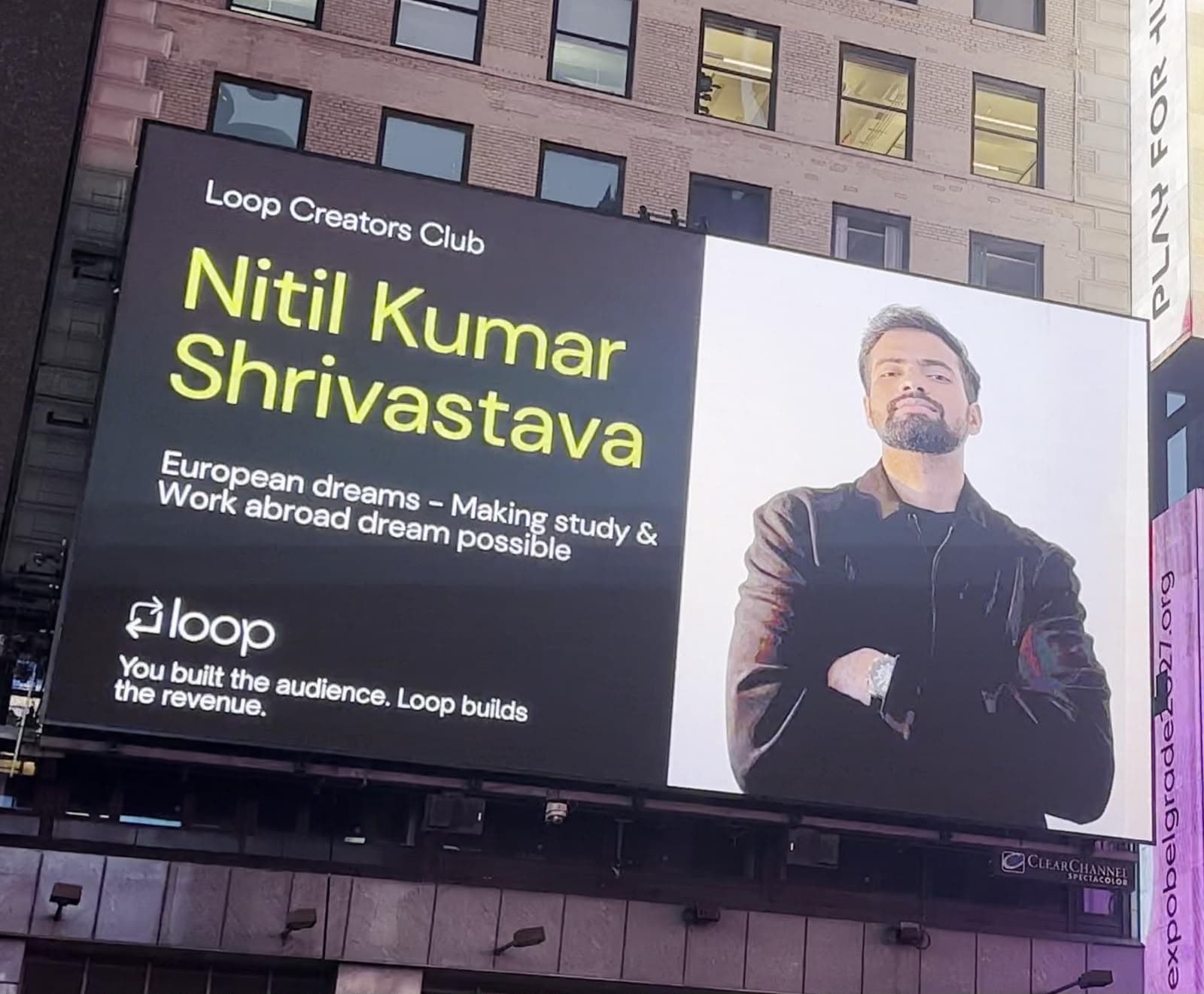 Nitil Kumar Srivastava and European Dreams featured on a Times Square digital billboard in New York